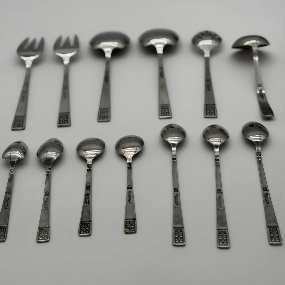 Vintage Japan Stainless Ornate Scroll Flatware & Serving Utensil Lot 13 Pieces